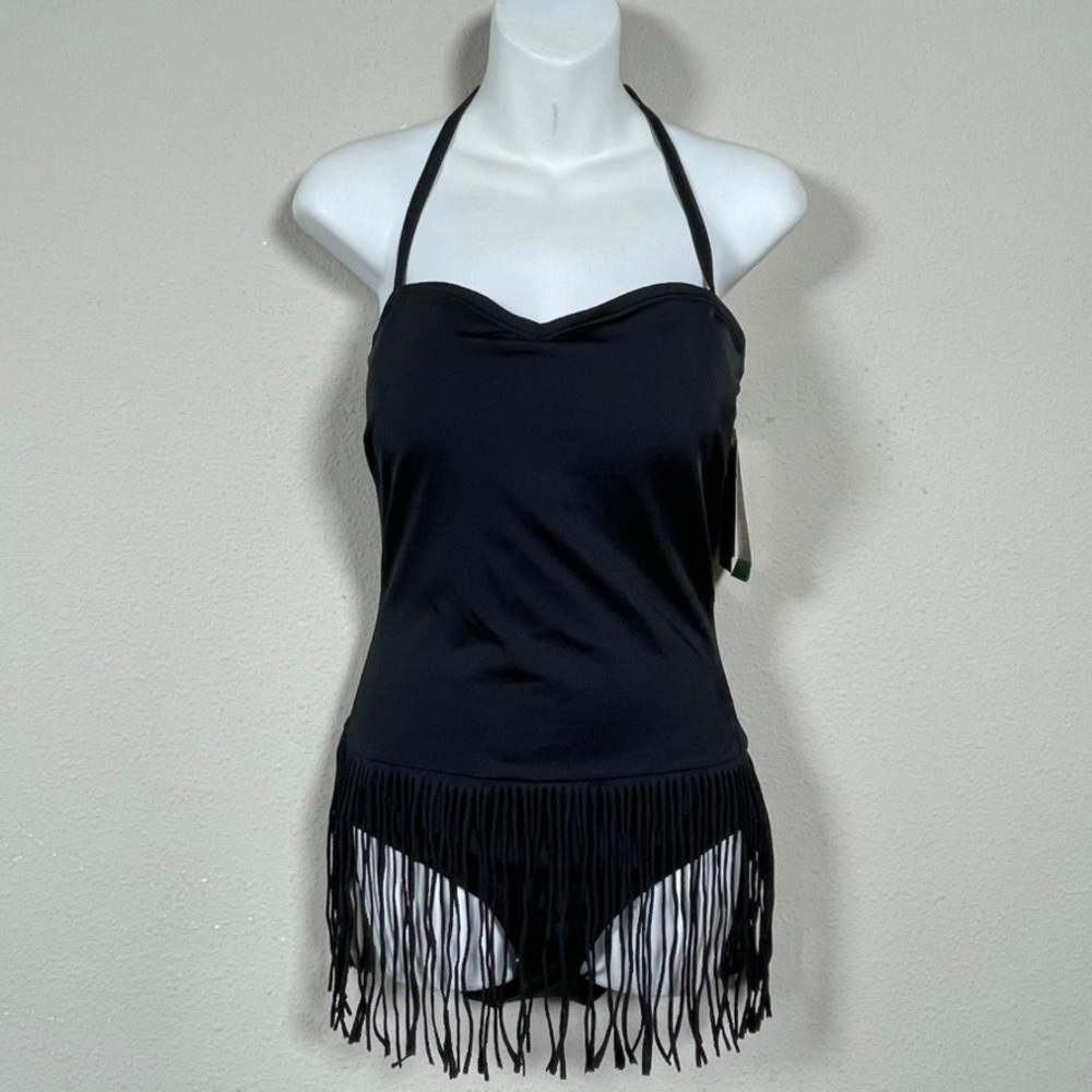 NWT Coco Rave Fringe One Piece Swimsuit Women L 36C Black Halter Tassel Boho